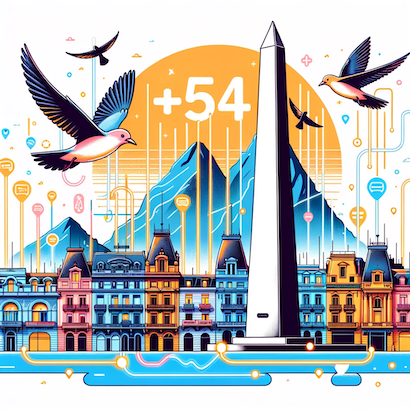 Illustration of Argentina's iconic landmarks like the Obelisco de Buenos Aires, the colorful houses of La Boca, and the Andes Mountains. Intertwined with these landmarks are glowing digital lines representing VoIP connections. Birds, in line with the 'flynumber' theme, fly prominently displaying large banners that showcase a bold and highlighted '+54', Argentina's area code. The rest of the scene has VoIP symbols and connections, all in a transparent, cut-out style.