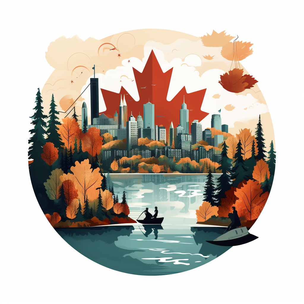 Canadian skyline with a couple fishing and a giant maple leaf in background