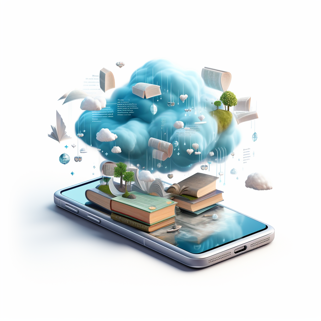 smartphone with books and cloud on top and abstract shapes and trees floating around