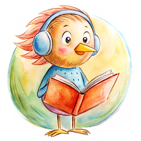 Illustration of a cartoon bird wearing headphones and reading a book, symbolizing learning or studying.