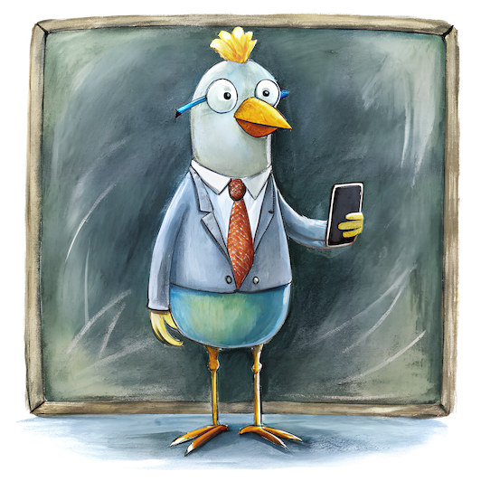 Illustration of a bird character dressed in a suit and tie, holding a smartphone, standing in front of a chalkboard, resembling a professor or business professional.
