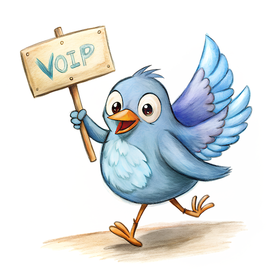 Illustration of a cheerful blue bird holding a sign with the word 'VoIP,' symbolizing VoIP communication services.