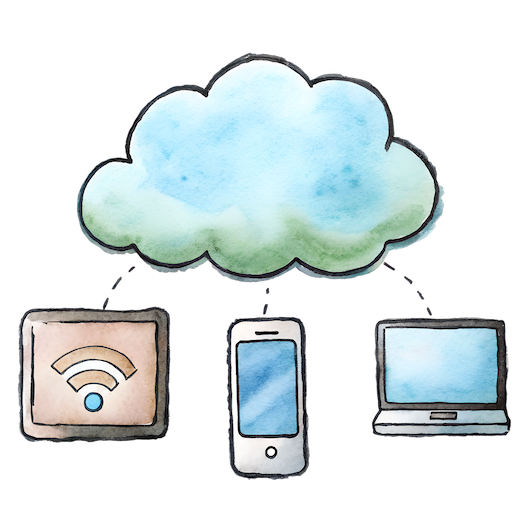 Illustration of a cloud connected to a tablet, smartphone, and laptop, representing cloud-based communication or cloud PBX.