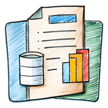 Data report with a document, bar chart, and database symbol.