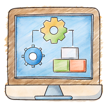 Computer monitor displaying system architecture with gears and blocks.