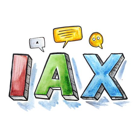 The letters 'IAX' in a colorful, hand-drawn style with speech bubbles above, representing communication or the IAX protocol.