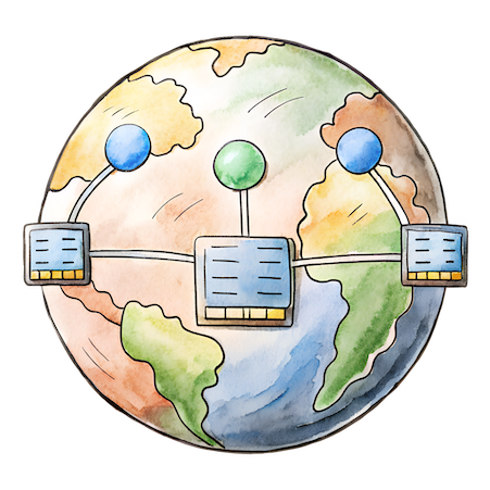 Illustration of a globe with interconnected nodes and servers, representing global network connections or IP address distribution.