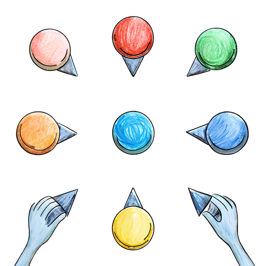 Illustration of colorful buttons arranged in a circle with hands pointing to different options, symbolizing multiple choices or decisions.