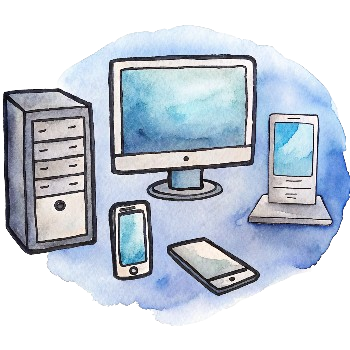 Watercolor illustration of various electronic devices, including a desktop computer, server tower, smartphone, tablet, and laptop, representing multiple forms of technology.