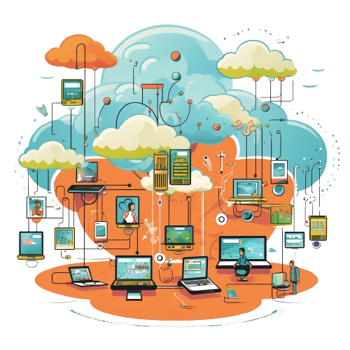 Illustration of many phones, laptops and monitors connected through the cloud, representing a team on one phone system.
