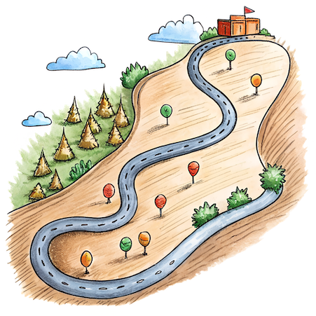 Illustration of a winding road leading to a distant building, surrounded by trees and balloons.