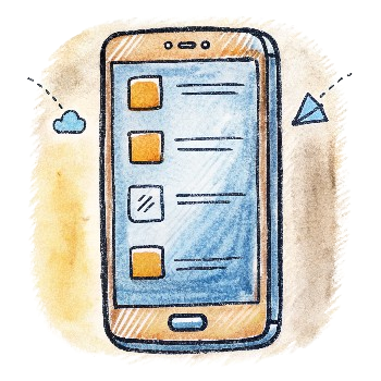 Illustration of a smartphone with a list of items and icons representing cloud storage and data sharing.