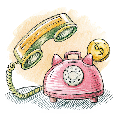 Illustration of a pink vintage rotary phone with piggy bank features, a detached green and yellow telephone receiver, and a golden coin with a dollar sign in the background, symbolizing saving money on phone calls.