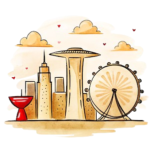 Illustration of iconic Singapore landmarks including the Marina Bay Sands and a Ferris wheel.