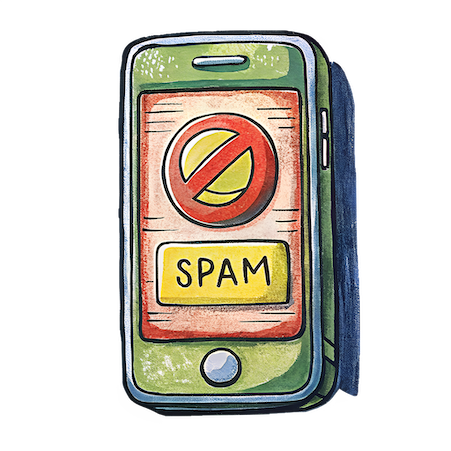 Illustration of a smartphone screen displaying a spam warning with a blocked symbol, representing spam phone call detection.