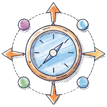 Illustration of a clock with directional arrows and surrounding icons, symbolizing time-based call routing.