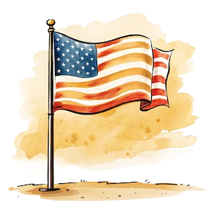Illustration of the United States flag waving on a flagpole.