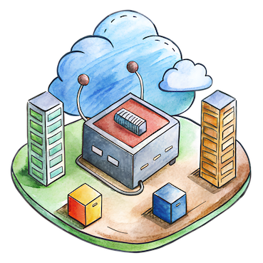 Cloud hosting infrastructure with buildings and data center.