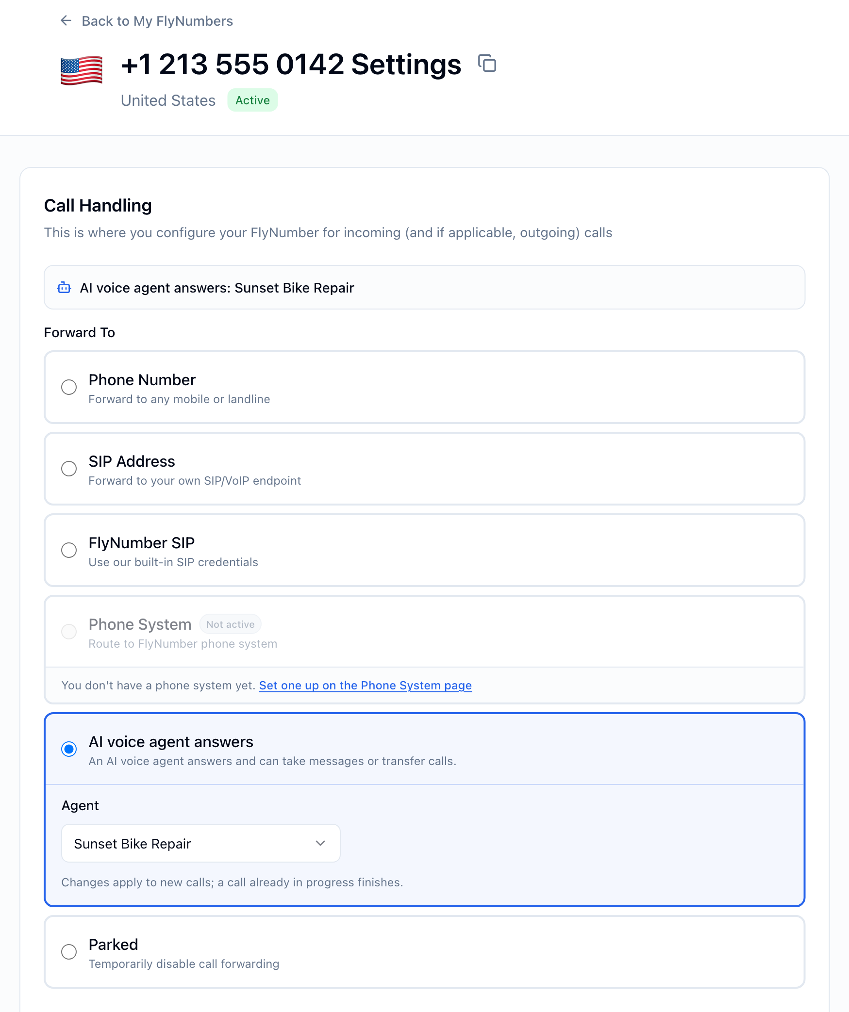 A FlyNumber's Call Handling settings with AI voice agent answers selected, the bike repair shop agent picked in the Agent dropdown, and a banner reading AI voice agent answers: Sunset Bike Repair.