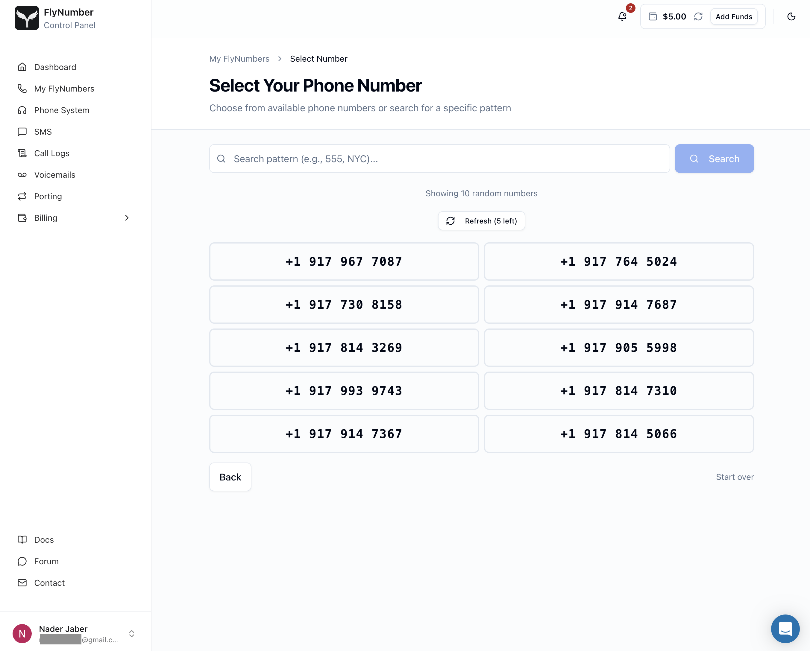 The Select Your Phone Number screen, with a search box for patterns or area codes and a grid of available numbers to pick from.