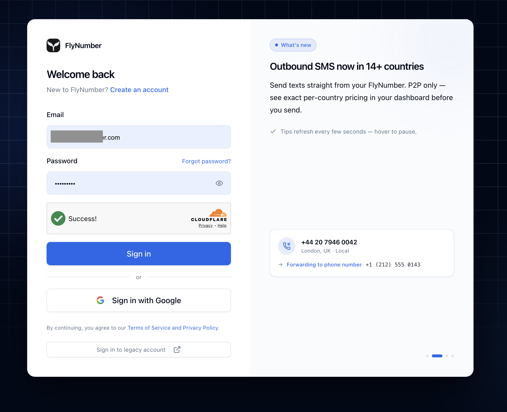 The new FlyNumber sign-in page, including a 'Sign in to legacy account' button for existing users.