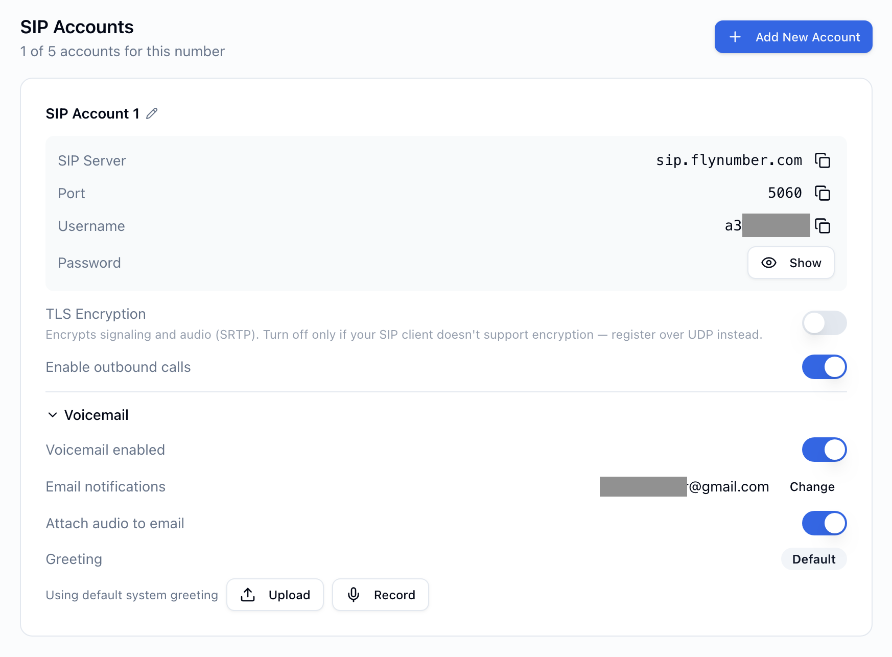 The SIP Accounts screen for a number, showing its built-in SIP server, port, username, and password, plus TLS encryption, an outbound-calls toggle, and per-account voicemail settings.