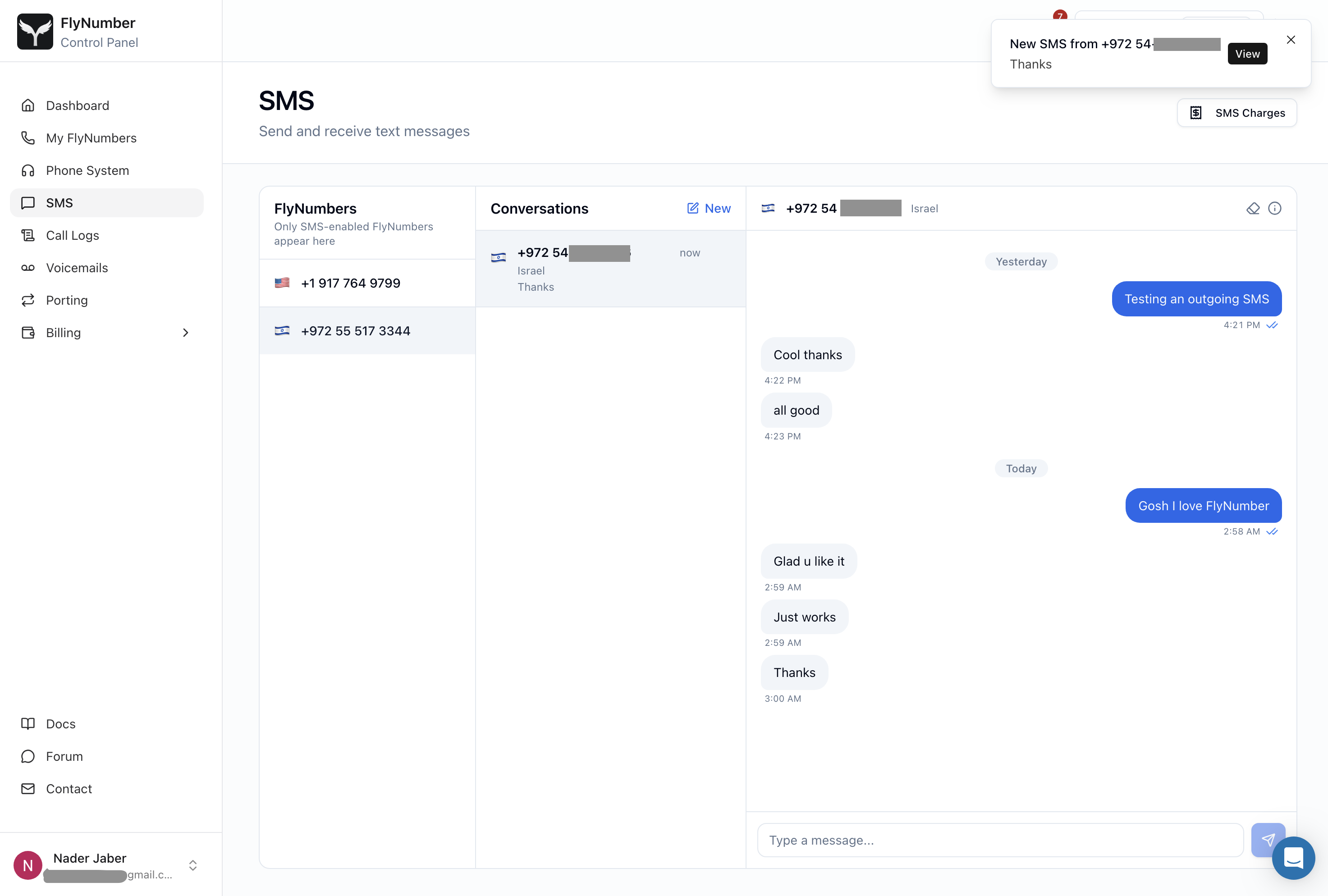 The new SMS screen, showing a chat-style conversation list on the left and an open text conversation on the right with incoming and outgoing messages.