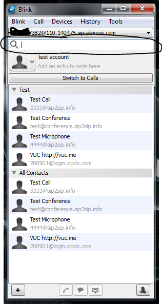 Screenshot of blink app listing recent calls and contacts as well as highlighting search box on top