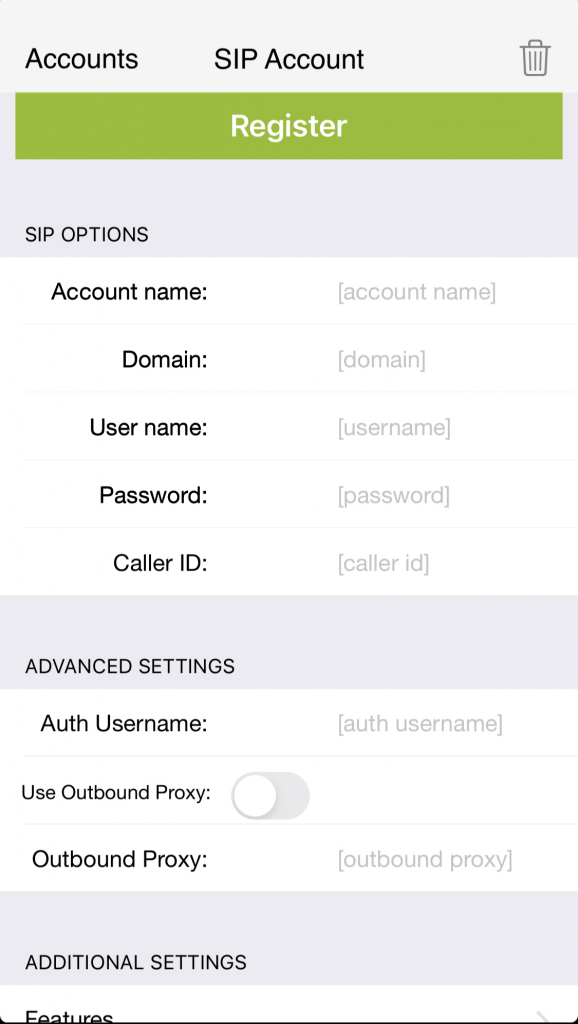 Add SIP account displaying domain username password blank fields