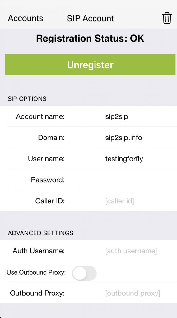 Add SIP account options with fields for domain username and password