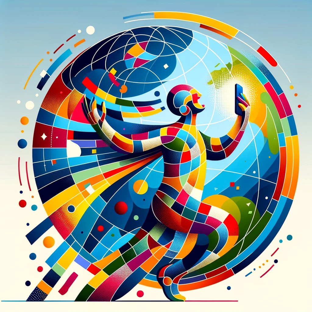 Colorful representation of a global citizen, transcending specific cultural identities to embody the concept of global unity. This figure should be constructed from geometric shapes, vibrant patterns, and a spectrum of colors that represent diversity without aligning with any particular nationality. The character is engaging in a joyful activity, such as making a phone call, symbolizing communication and connection across the globe. The background is a minimalist depiction of the Earth, emphasizing the idea of a connected world. This illustration aims to celebrate the richness of global diversity and the shared human experience, inviting viewers to recognize themselves in the spirit of worldwide inclusivity.