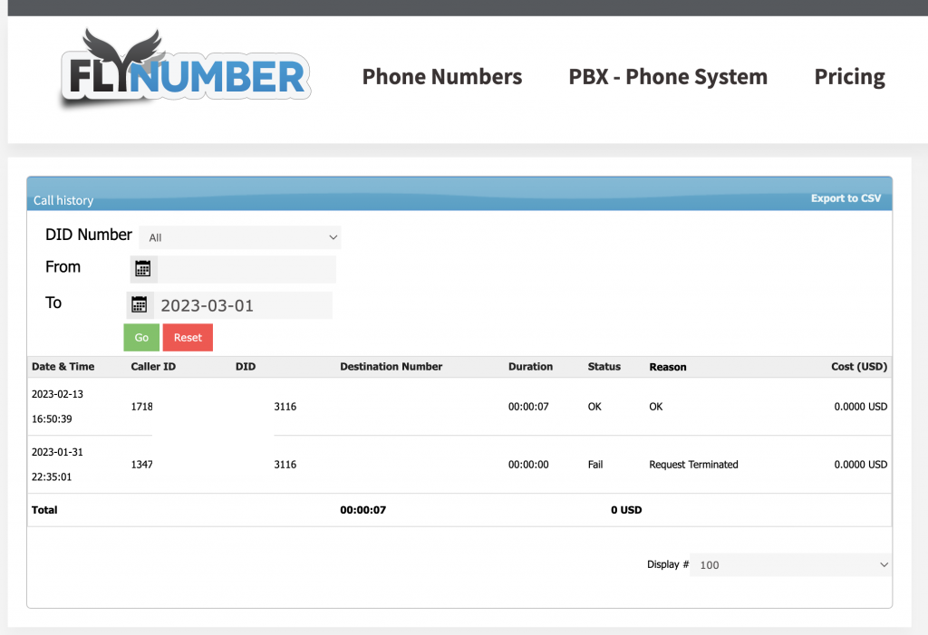 Screenshot of a couple phone calls and their stats from a logged in FlyNumber user