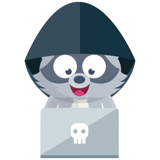 Cartoon of raccoon with cape working behind a laptop with a skull for a logo