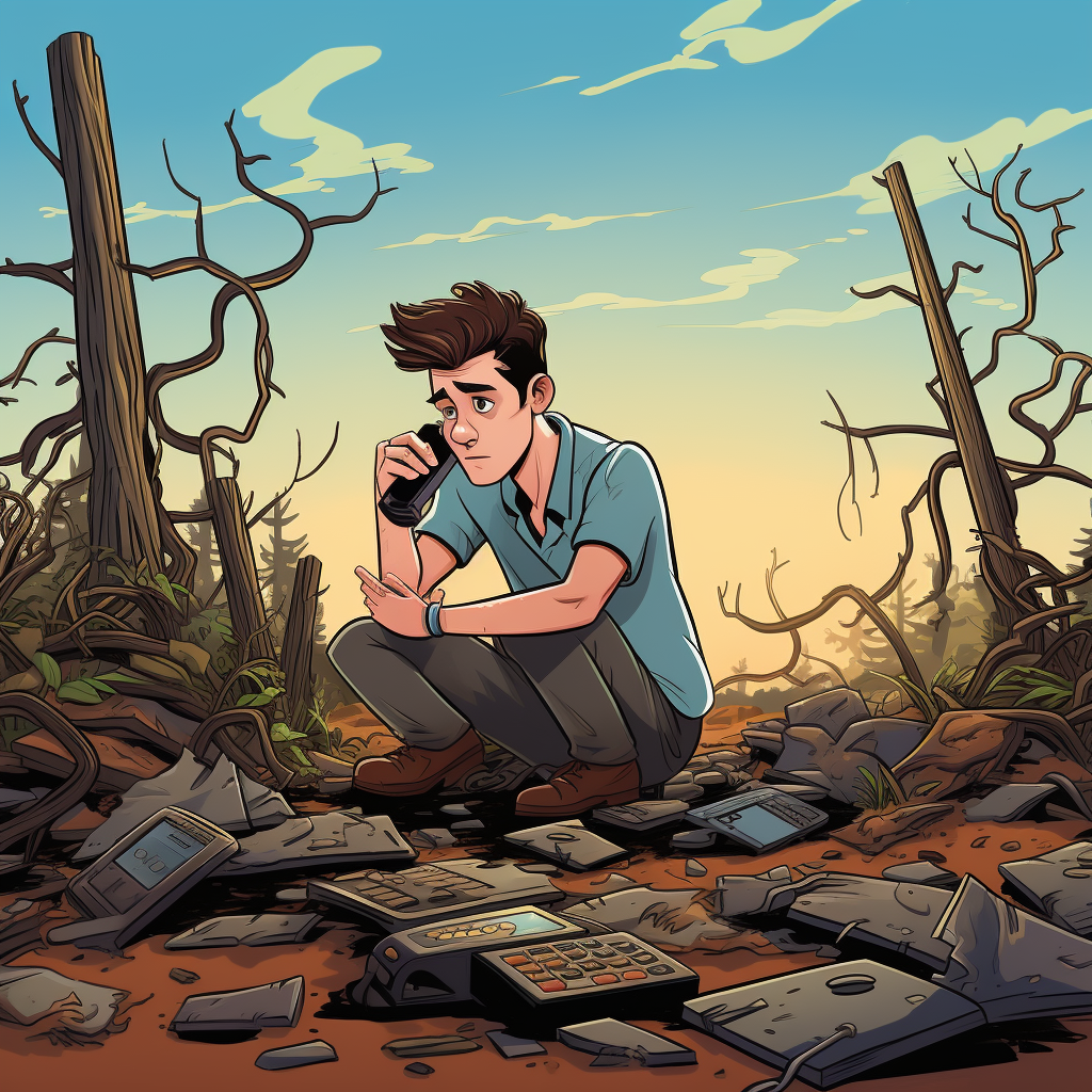 A man squatting while on the phone with a concerned look on his face with dead trees and broken devices in the background.