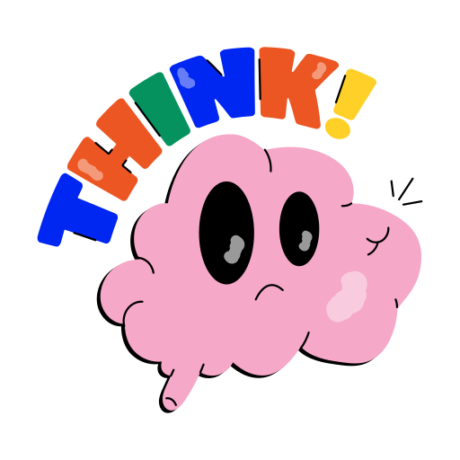 A pink brain with finger coming out of it pointing SW and the word thinking in colorful letters on top