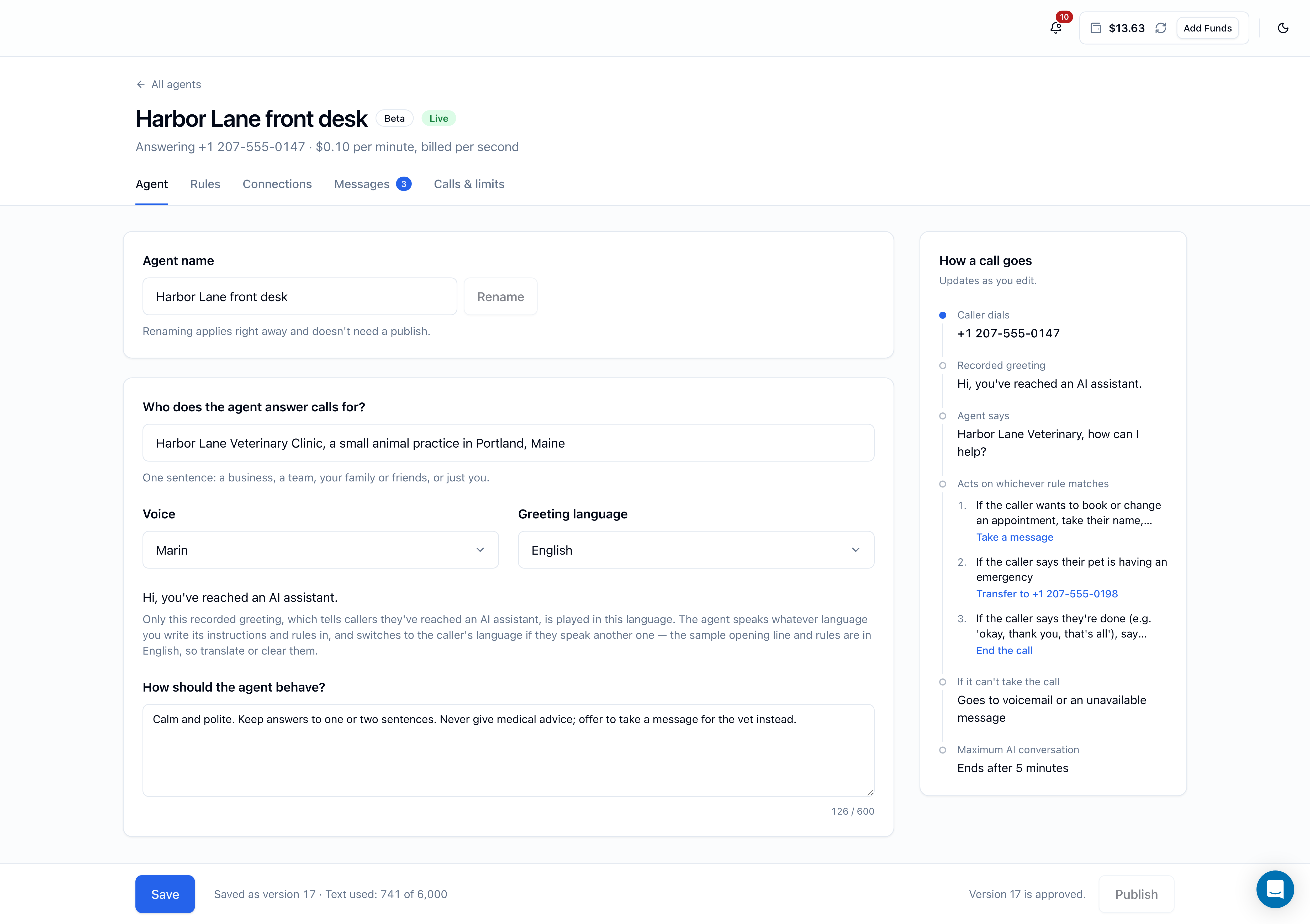 Agent tab of the editor with the agent name, who the agent answers calls for, the Voice and Greeting language menus with the greeting sentence underneath, the behavior field, the How a call goes panel, and the Save and Publish bar