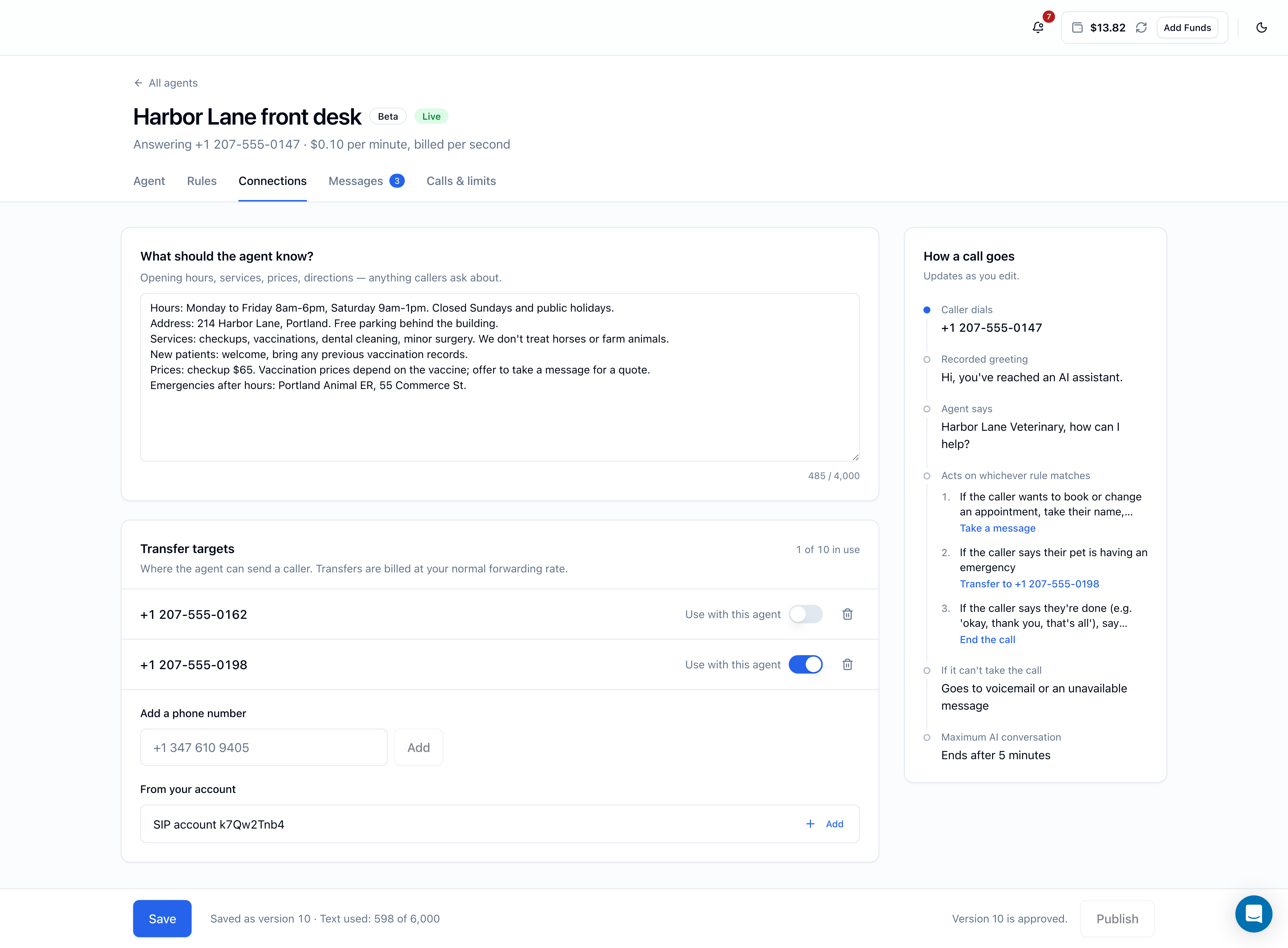 Connections tab with clinic facts in What should the agent know?, two phone-number transfer targets with Use with this agent switches, and a FlyNumber SIP account under From your account