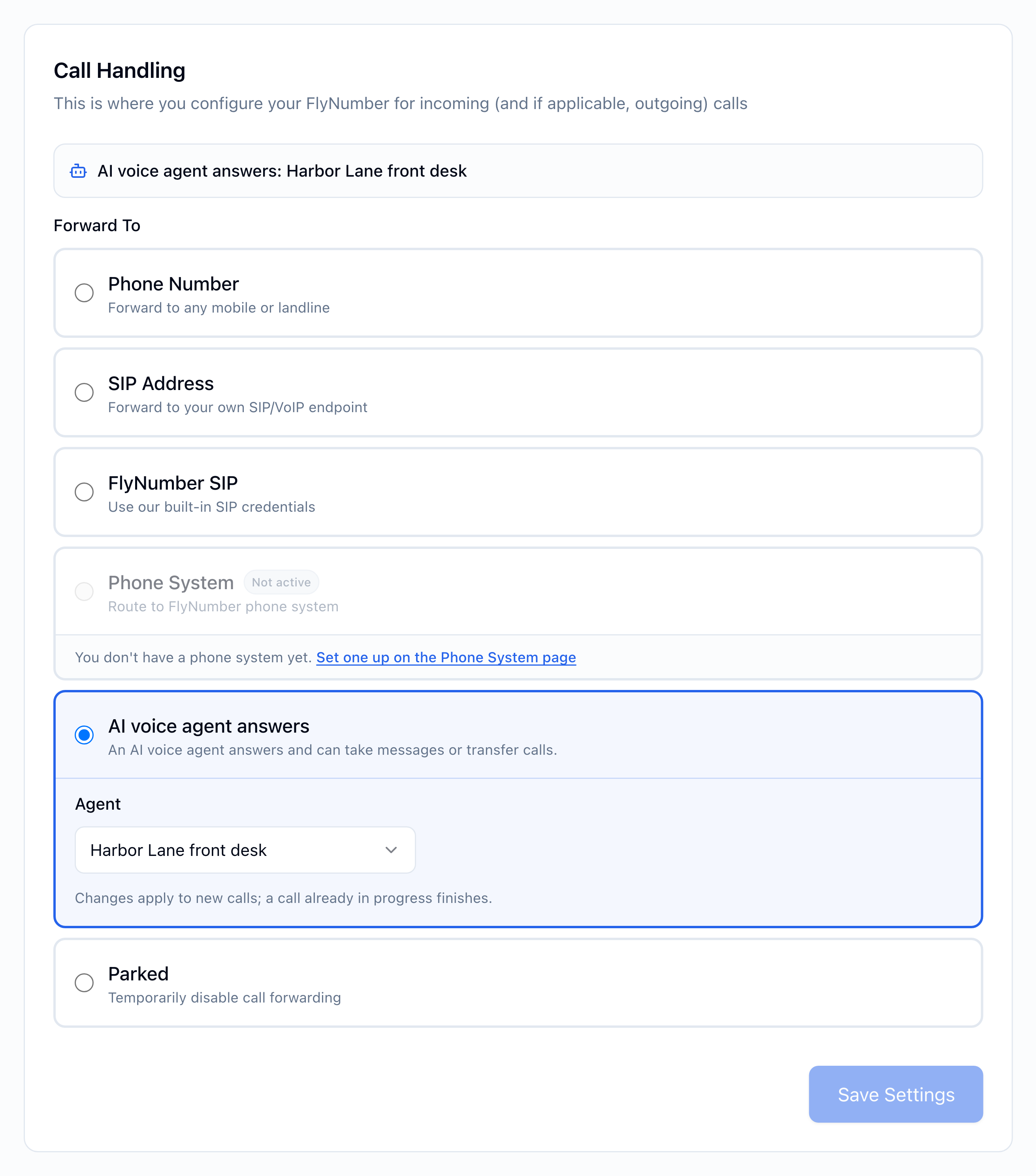 Call Handling card with AI voice agent answers selected, an agent chosen in the Agent menu, and the AI voice agent answers status line at the top