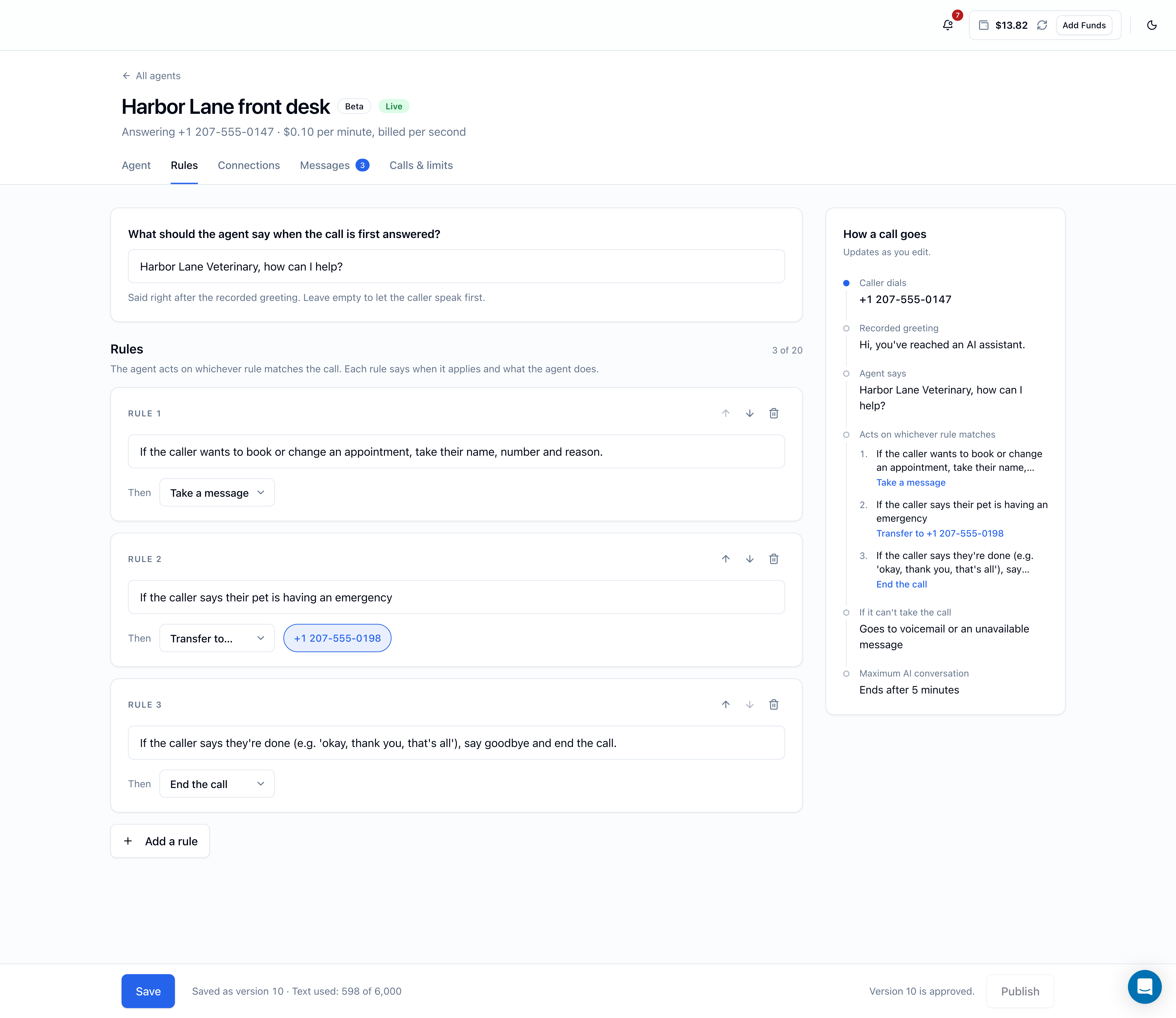 Rules tab with the opening line and three rule cards (take a message, transfer to a phone number, end the call) beside the How a call goes panel