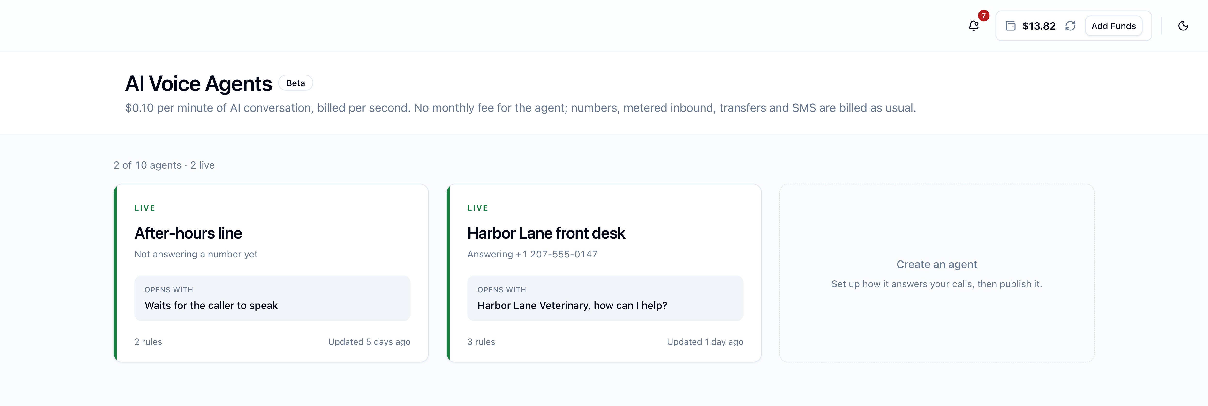 AI Voice Agents page with a Beta label, the price line, two live agent cards showing their numbers and opening lines, and a Create an agent tile