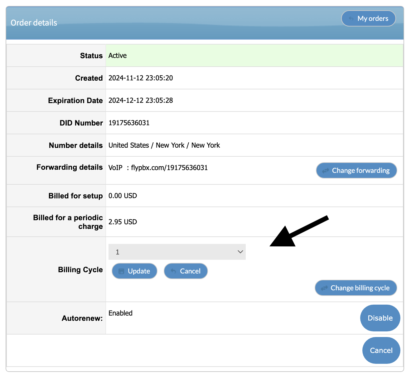 Changing billing period through number details page