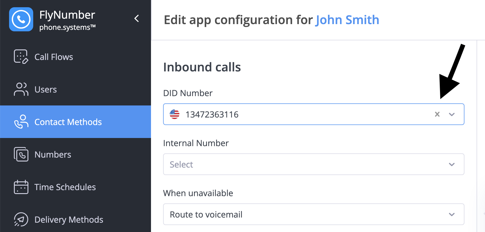 Clear the DID number from contact method settings