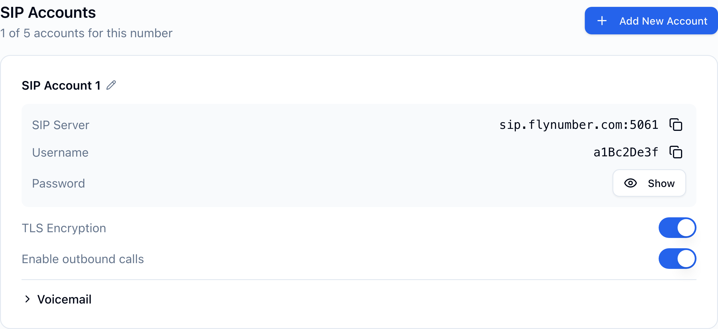 SIP Accounts section showing one device with SIP Server, Username, Password (hidden), TLS Encryption toggle, and Enable outbound calls toggle