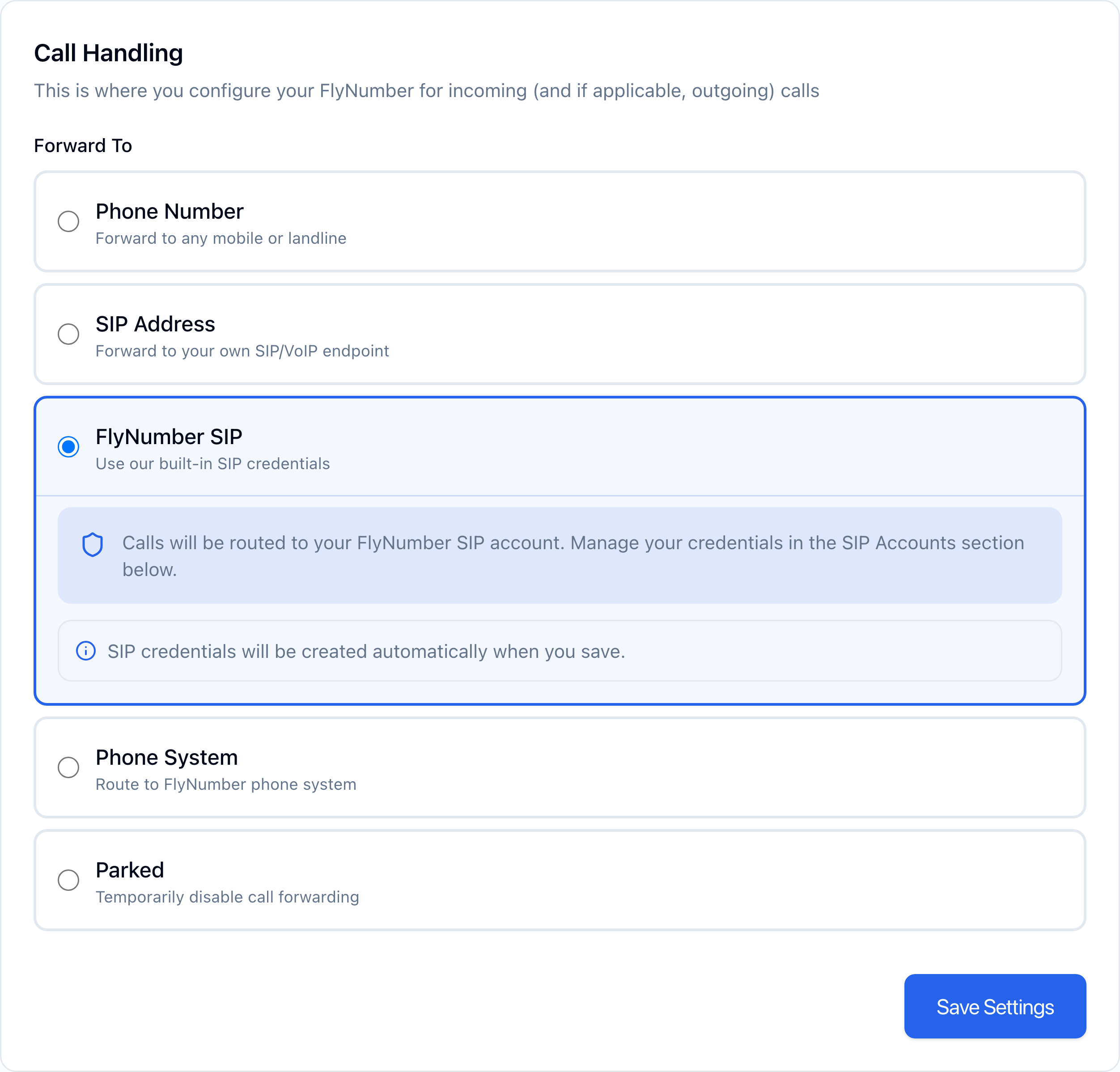 Call Handling card with FlyNumber SIP selected, showing the info banner about credentials being created automatically on save