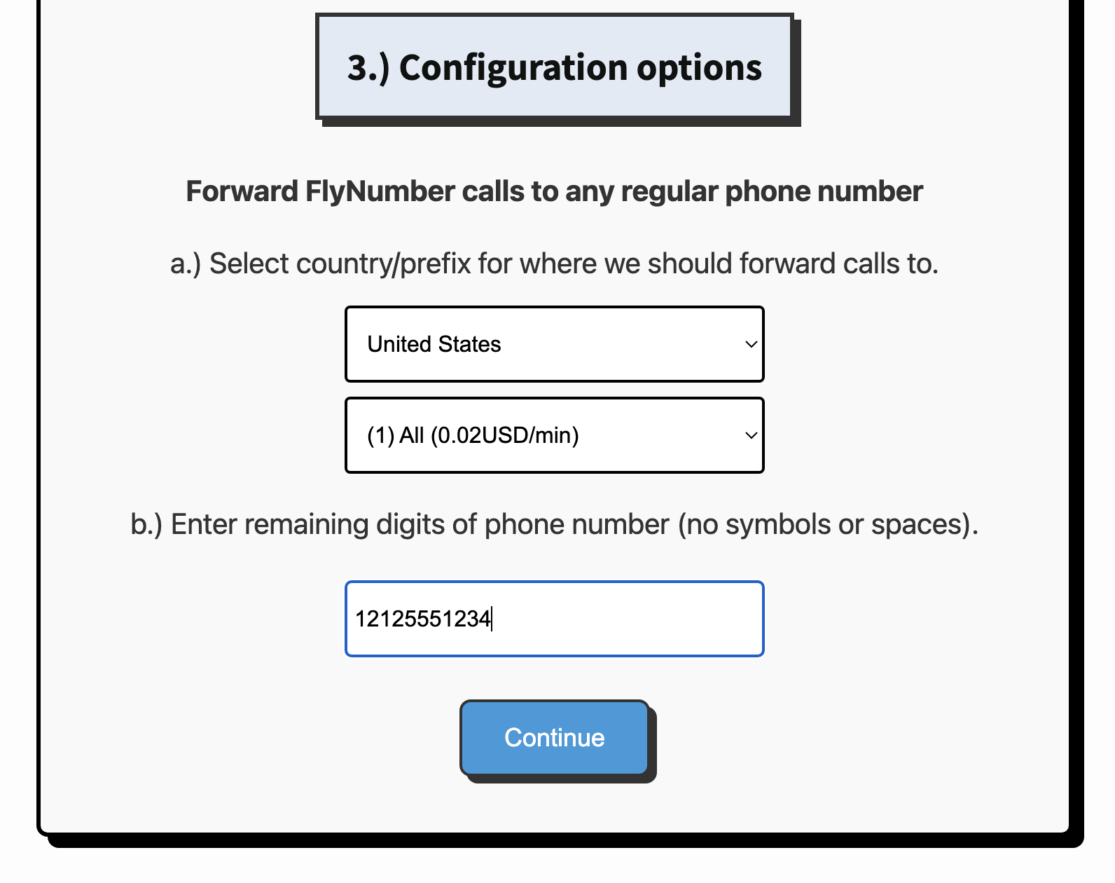 FlyNumber signup page showing call forwarding configuration options