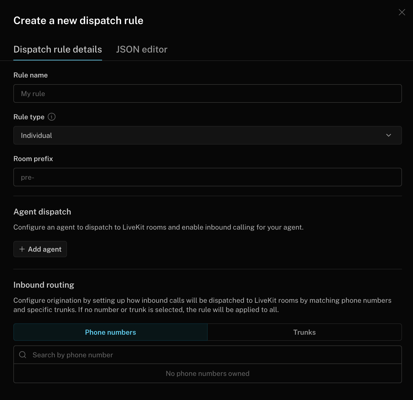 LiveKit Cloud dashboard showing the Create a new dispatch rule form with Rule type Individual and a room prefix field