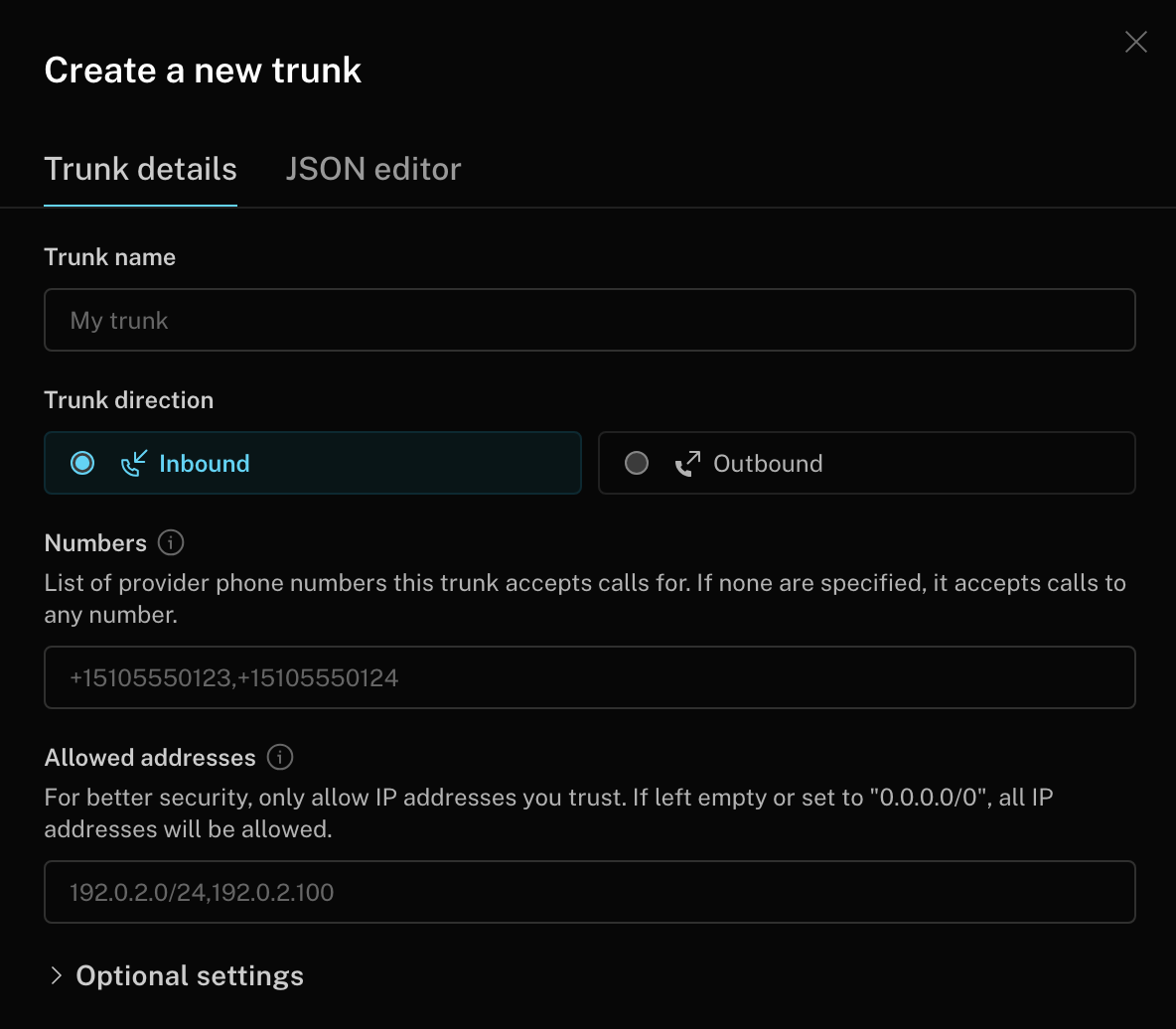 LiveKit Cloud dashboard showing the Create a new trunk form with Trunk direction set to Inbound and the Numbers field populated with a FlyNumber in E.164