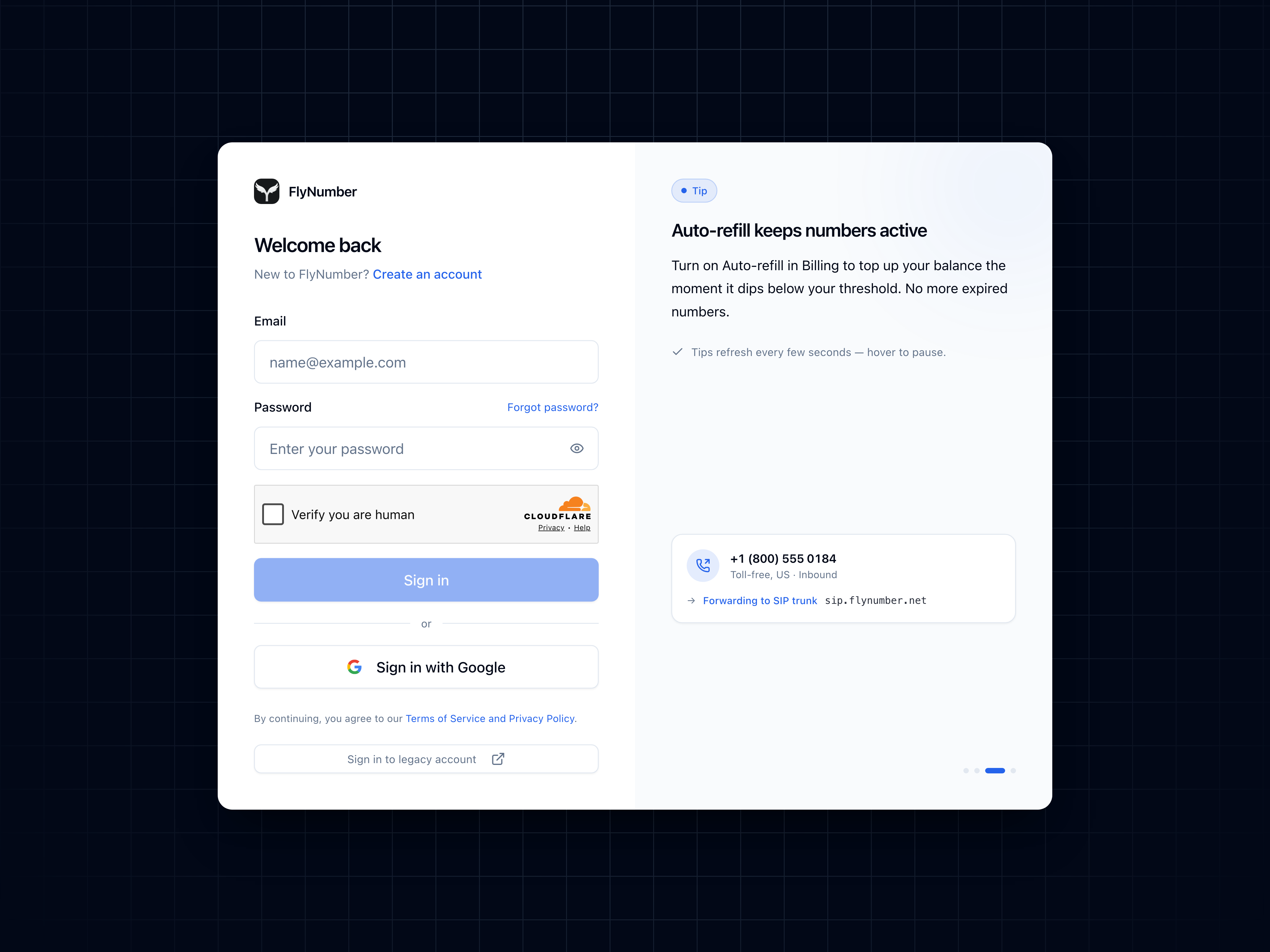 FlyNumber sign-in page with email and password fields, a Sign in with Google button, and a Create an account toggle