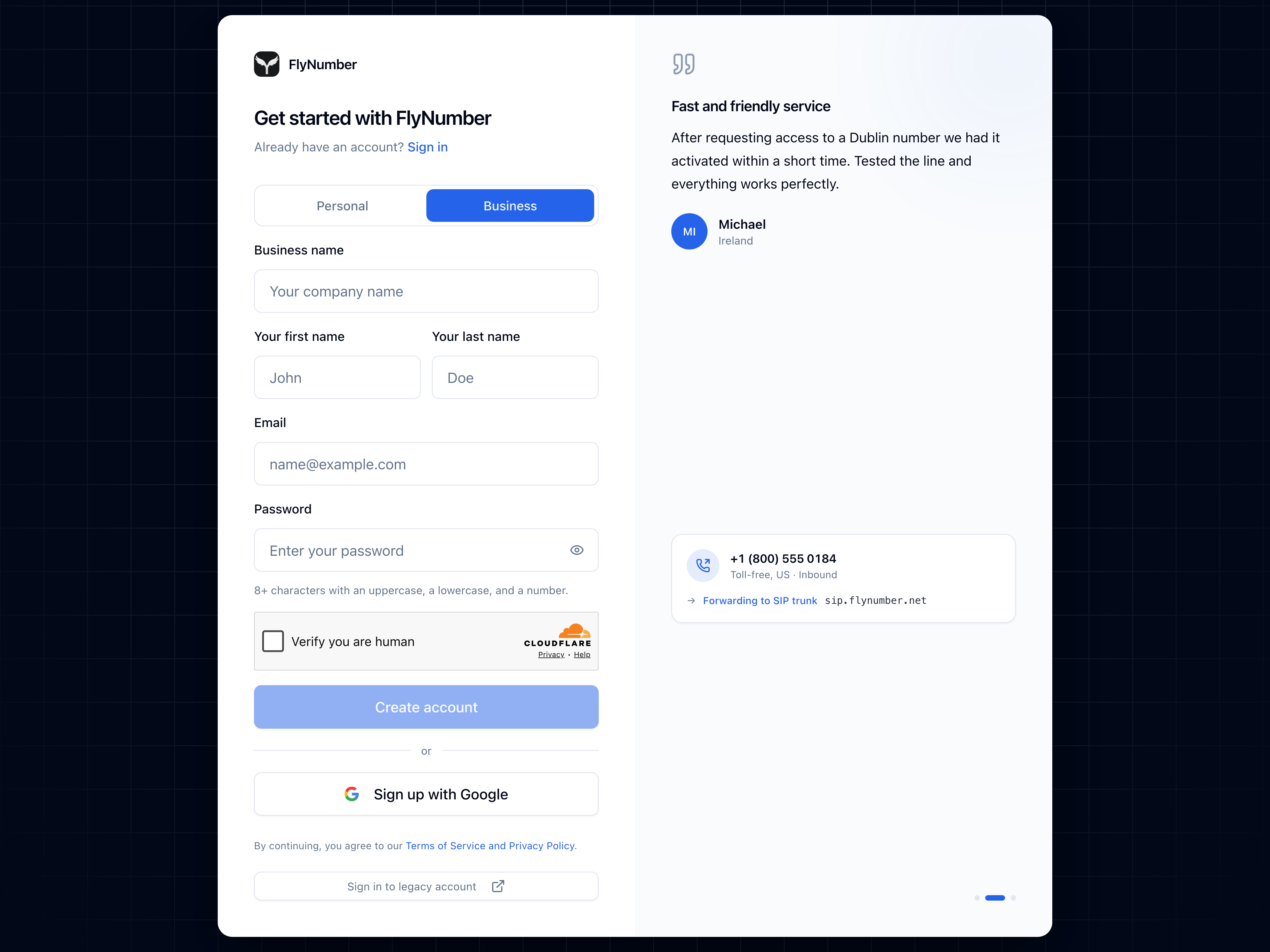 Sign-up form in Business mode with an additional Business name field above the personal details