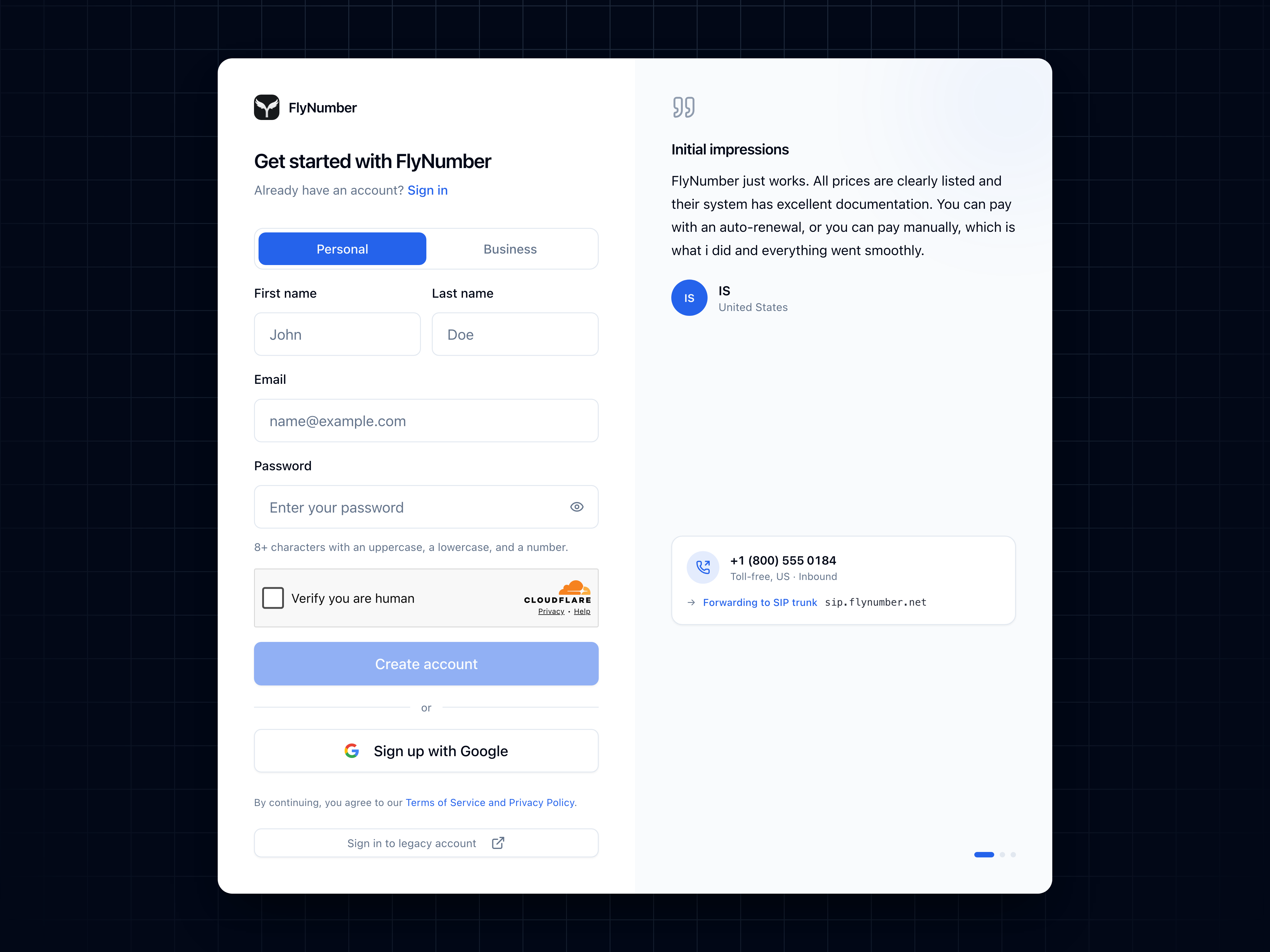 Sign-up form in Personal mode with first name, last name, email, and password fields